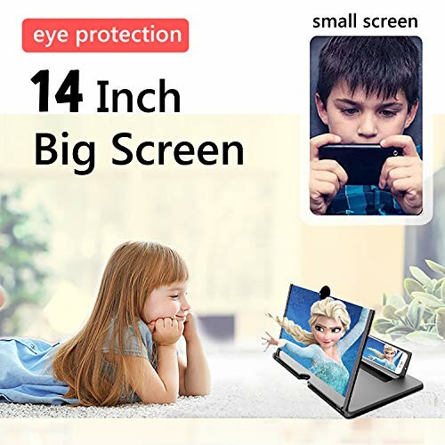 Child using 14 inch phone screen magnifier with eye protection.