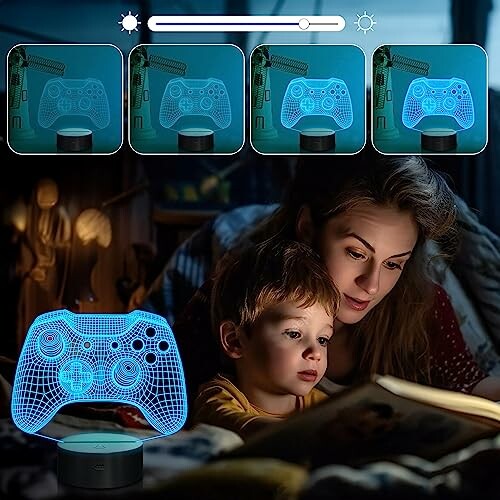 Mother and child reading with a 3D night light shaped like a game controller.