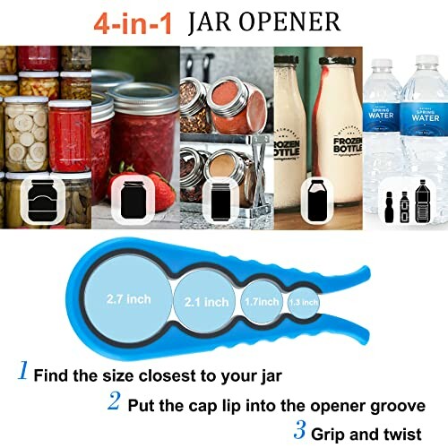 4-in-1 jar opener with various jar and bottle sizes.