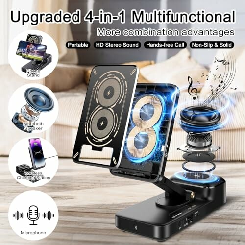 4-in-1 multifunctional phone stand with Bluetooth speaker, wireless charging, and microphone.