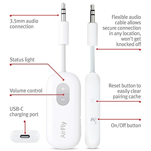 AirFly wireless audio transmitter with labeled features: 3.5mm audio connection, flexible audio cable, status light, volume control, USB-C charging port, reset button, and on/off button.