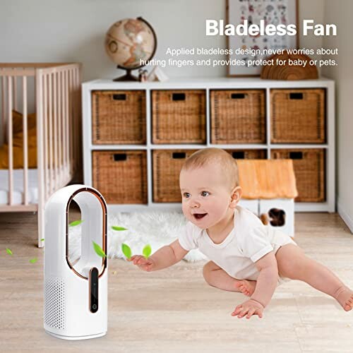 Bladeless fan with a baby crawling nearby in a room with storage baskets.