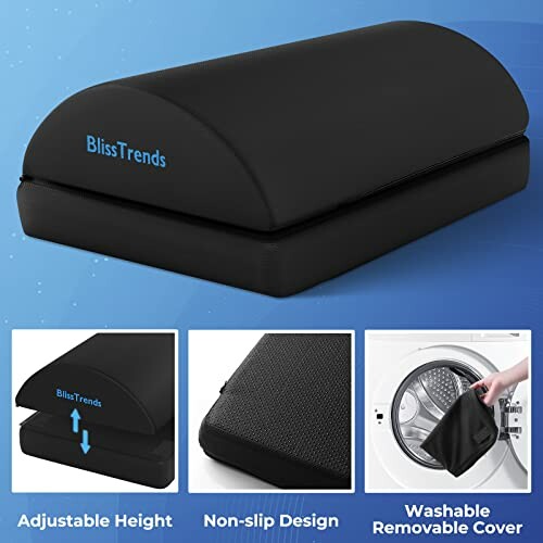 Black BlissTrends leg elevation pillow with adjustable height, non-slip design, and washable cover.