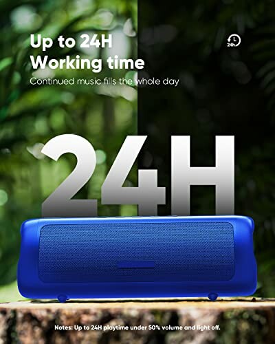 Blue speaker with 24H working time in forest setting.