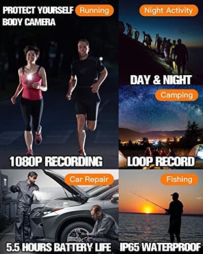 Collage highlighting body camera uses: running, night activity, camping, day & night, car repair, fishing with 1080P recording, 5.5 hours battery life, loop record, IP65 waterproof.