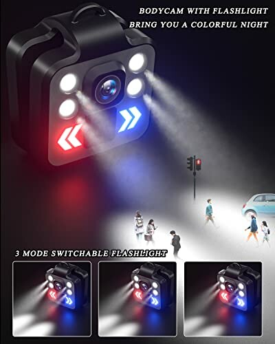 Bodycam with flashlight illuminating pedestrians, featuring three switchable modes.