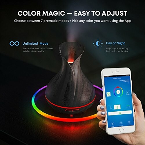 A color-changing diffuser with a smartphone app interface.