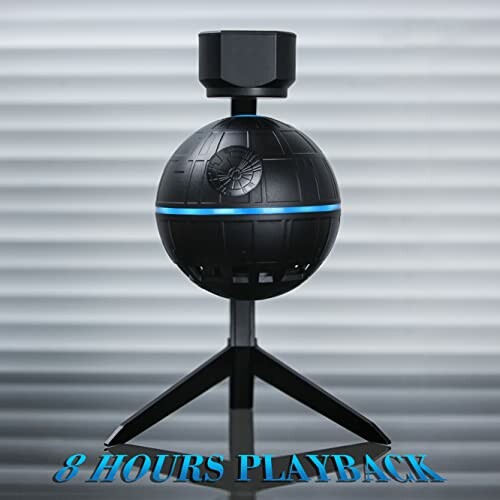 Bluetooth speaker shaped like the Death Star on a stand with text '8 hours playback'.