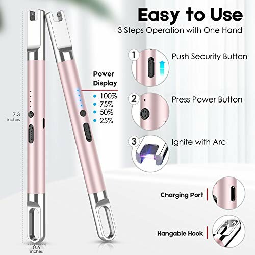 Image of an easy-to-use electric arc lighter with push security button and power display showing charge levels.