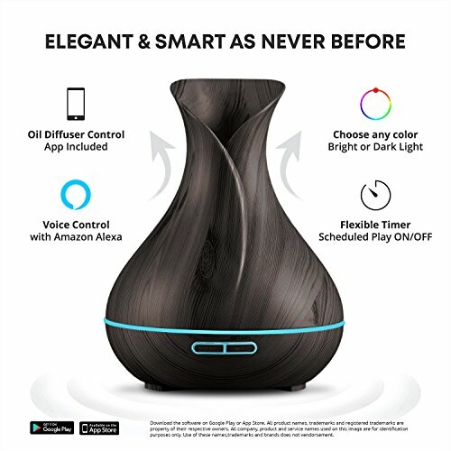 Dark wood grain oil diffuser with smart features.