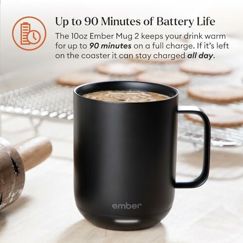 Ember Mug with coffee showing battery life and warming capabilities.