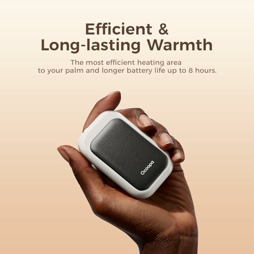 Hand holding a compact handheld heater device with text about efficient and long-lasting warmth.