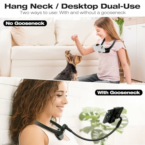 Two images showing a woman using a neck-mounted phone holder, one with a gooseneck and one without, interacting with a dog and relaxing.