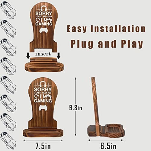 Wooden headset stand with gaming design, easy installation.