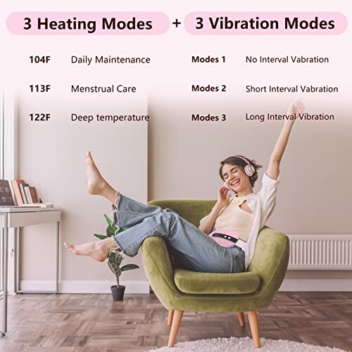 Woman relaxing in chair with heating and vibration modes description in background.