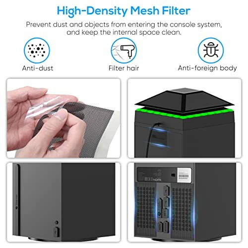 High-density mesh filter for console system showing anti-dust, filter hair, and anti-foreign body features.