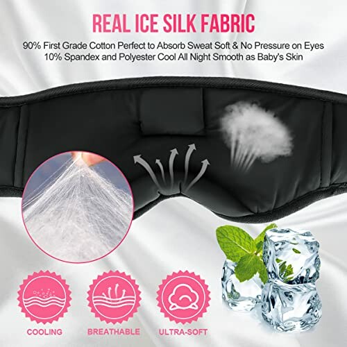 Sleep mask with ice silk fabric, highlighting cooling, breathable, ultra-soft features.