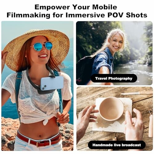 Collage promoting mobile filmmaking for POV shots with travel photography and handmade live broadcast.