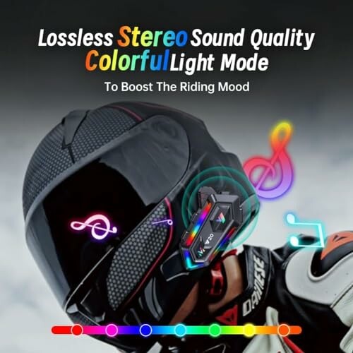 Motorcycle helmet with audio device and colorful light mode.