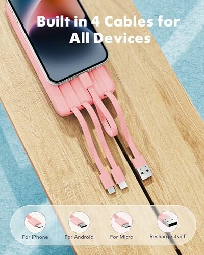 Multi-device charging cables with phone on wooden surface