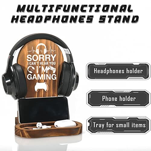 Multifunctional headphones stand with phone holder and tray.