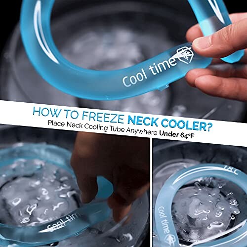 Instructions for freezing a neck cooler with images of the cooler in ice water.