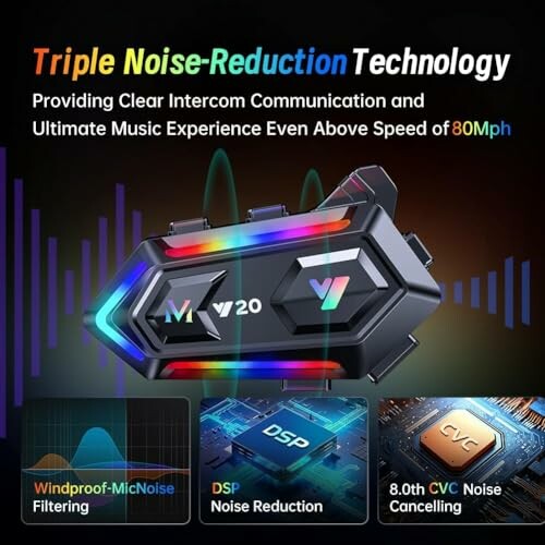 Triple Noise-Reduction Technology device with features like windproof mic noise filtering, DSP noise reduction, and 8.0th CVC noise cancelling.