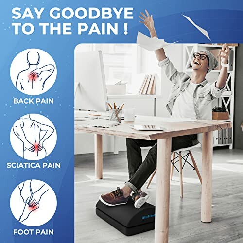 Man using footrest under desk for pain relief with icons for back, sciatica, and foot pain.