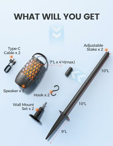 Contents of a portable speaker kit including Type-C cable, speaker, hook, wall mount, adjustable stake.