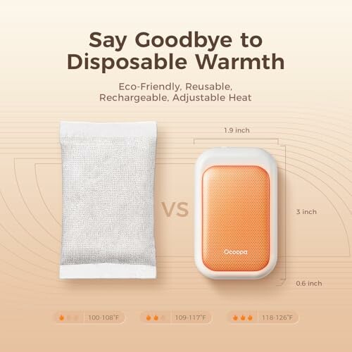 Comparison between disposable and reusable hand warmers with adjustable heat.