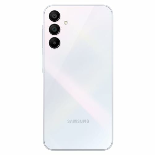 Back view of a white Samsung smartphone with triple camera setup.