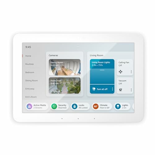 Smart home control panel with various room controls and security features.