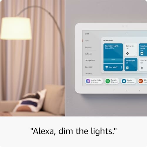 Smart home control panel next to a lamp and sofa.