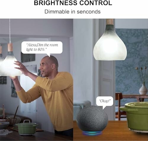 Man controlling smart light with voice assistant in kitchen.