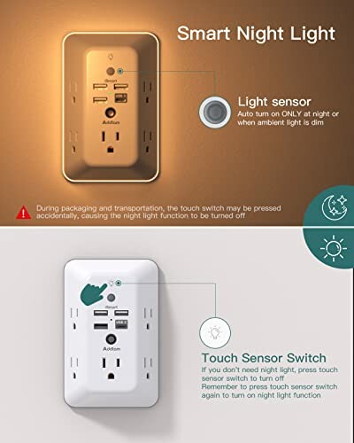 Smart night light socket with light sensor and touch sensor switch features.