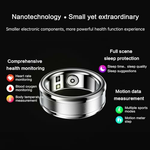 Smart ring with health monitoring features including heart rate, blood oxygen, body temperature, sleep, and motion data tracking.