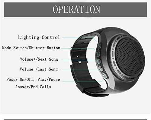 Smartwatch with speaker showing controls for lighting, mode, volume, power, and calls.