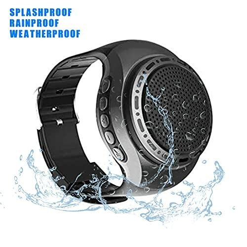 Waterproof wristwatch-style Bluetooth speaker with water splashes.