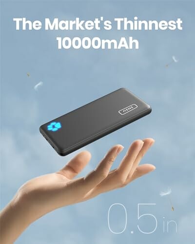 Hand holding thin power bank, 10000mAh, 0.5 inches thick.