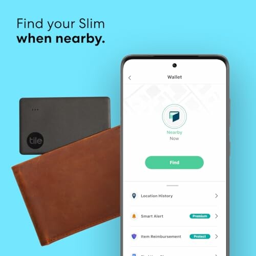 Tile Slim tracker next to wallet and phone app interface.