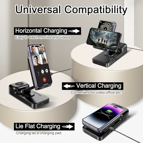 Universal charging station with horizontal, vertical, and flat charging options for devices.