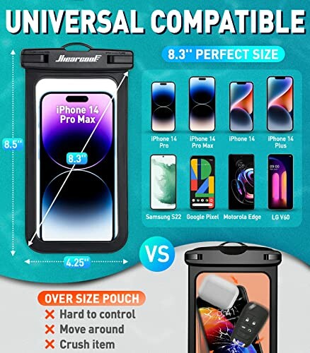 Universal waterproof phone pouch compatible with iPhone and Android devices.