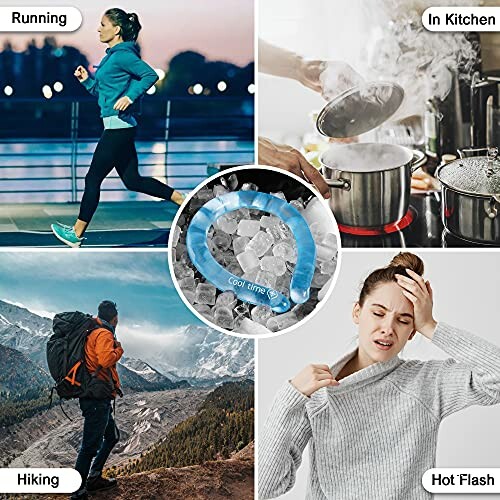 Collage showing uses of a cooling neck wrap: running, in kitchen, hiking, and hot flash relief.